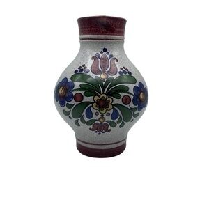 Vintage German Handprinted Floral Water Wine Pitcher Vase Signed